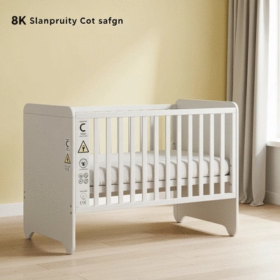 Modern cot bed with safety labels, showing compliance
