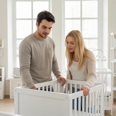 Parents selecting baby furniture in a store, no text, no words, no typography