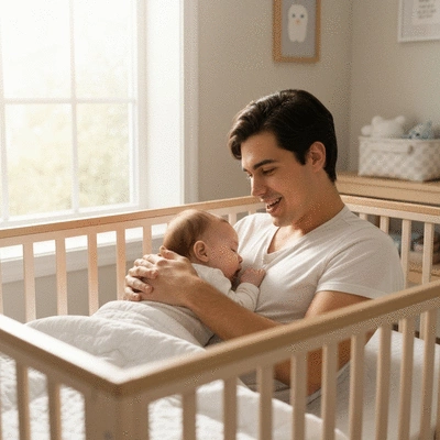 Happy parent gently engaging with baby in a co-sleeping crib