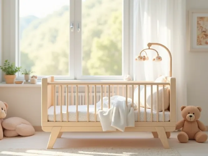 Modern baby cot bed with soft bedding, a mobile, and a teddy bear in a bright nursery setting